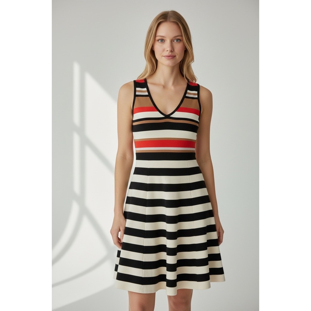 Karen Millen M Striped Fit & Flare Knit Sleeveless Midi Dress